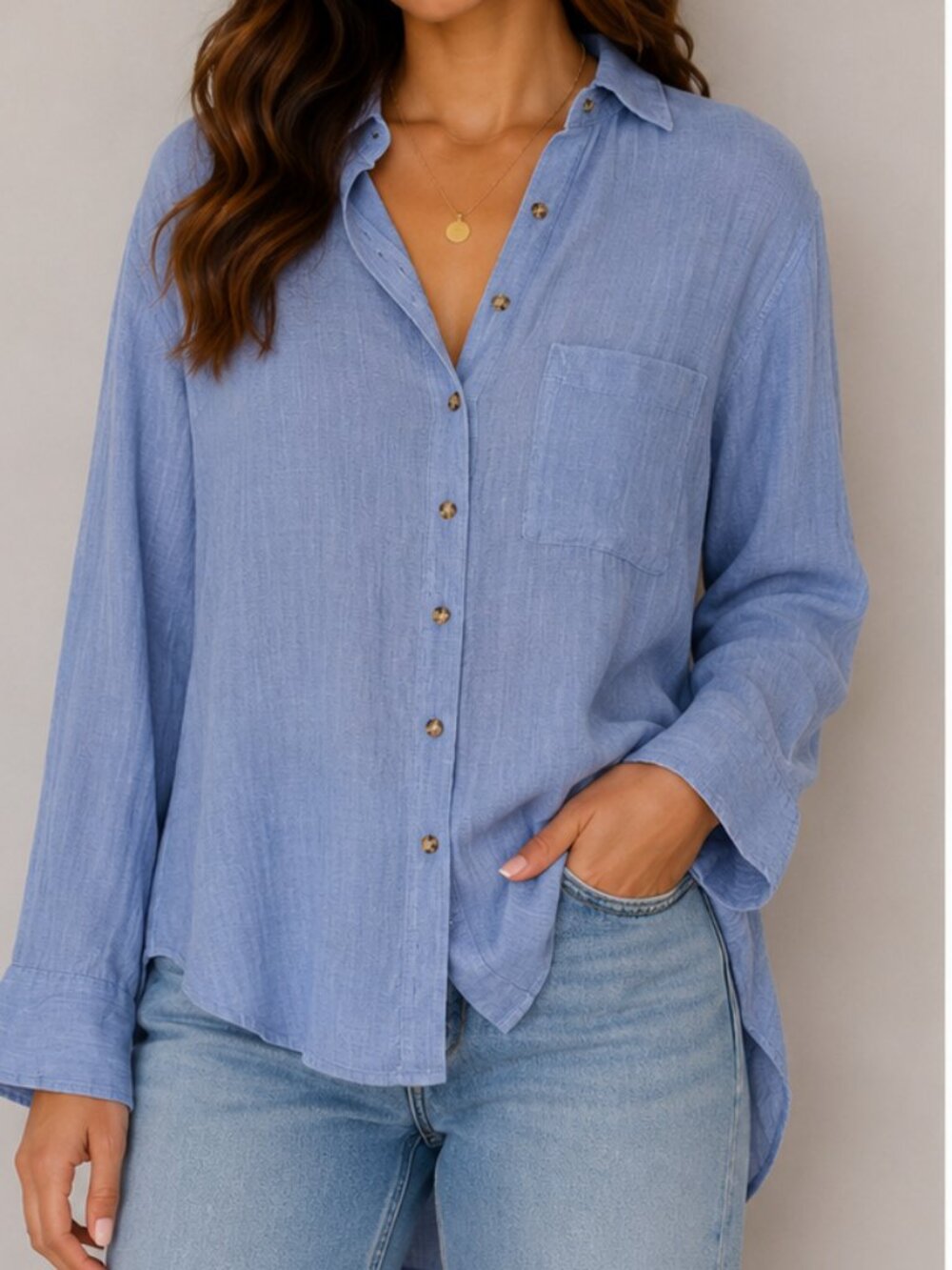 Free People Blue Gauze Button Down Shirt Oversized Tunic Top XS